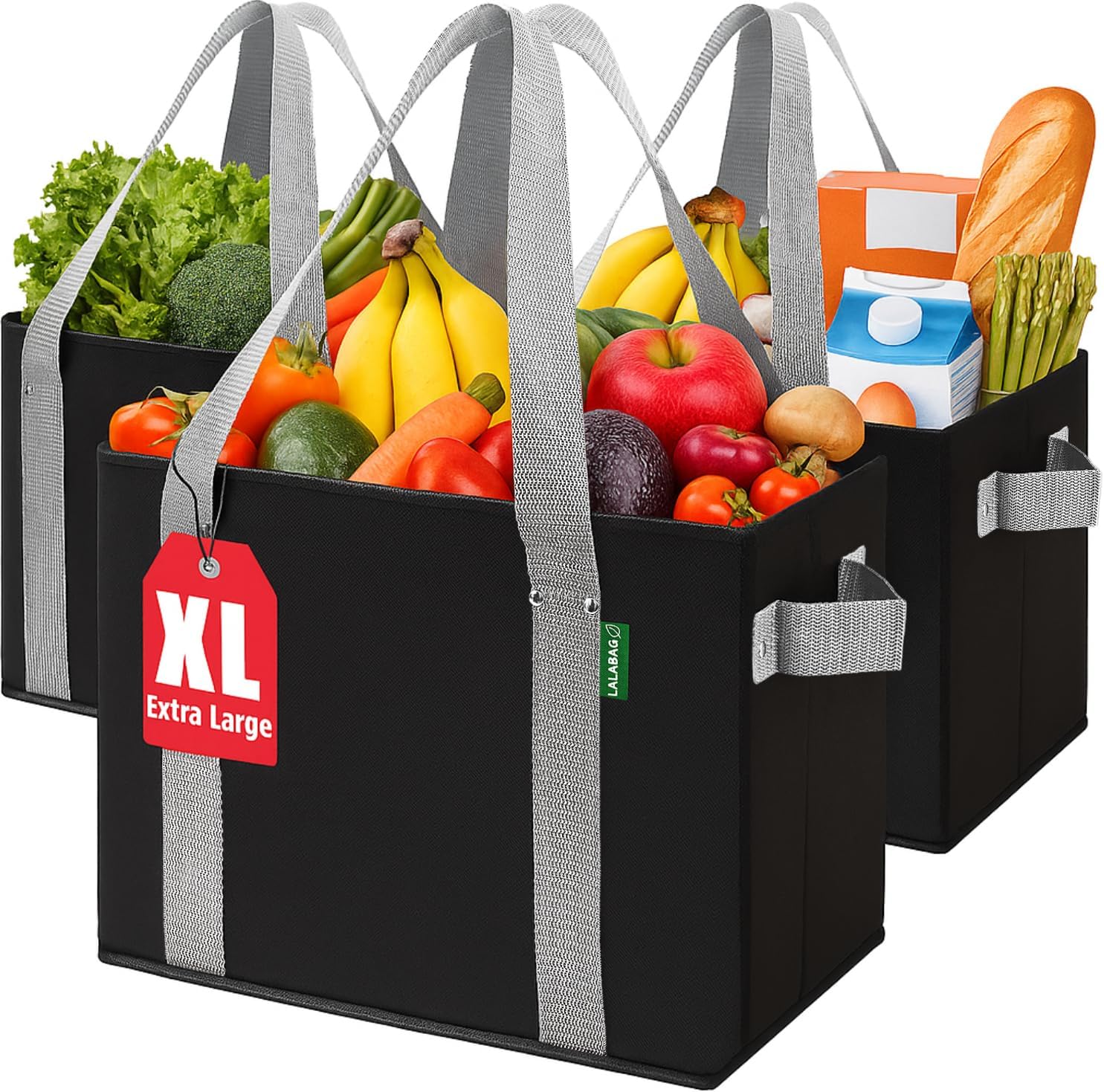 Box-Shaped Heavy-Duty Grocery Totes, 3 Pack, Stands Upright