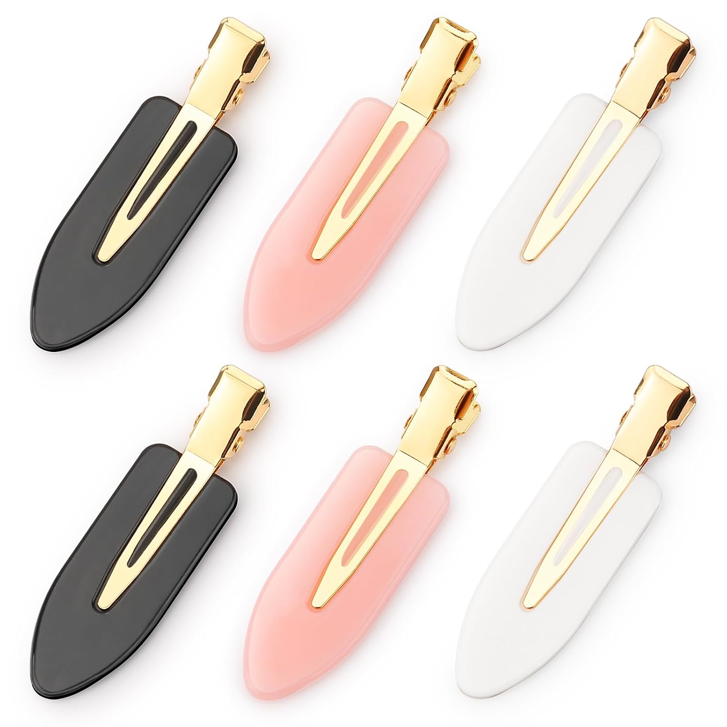 d-6-pcs-creaseless-hair-clips-for-makeup-no-bend-no-dent-golden-handle-01 Set of six D creaseless hair clips in black, pink, and white with golden handles, arranged on a surface.