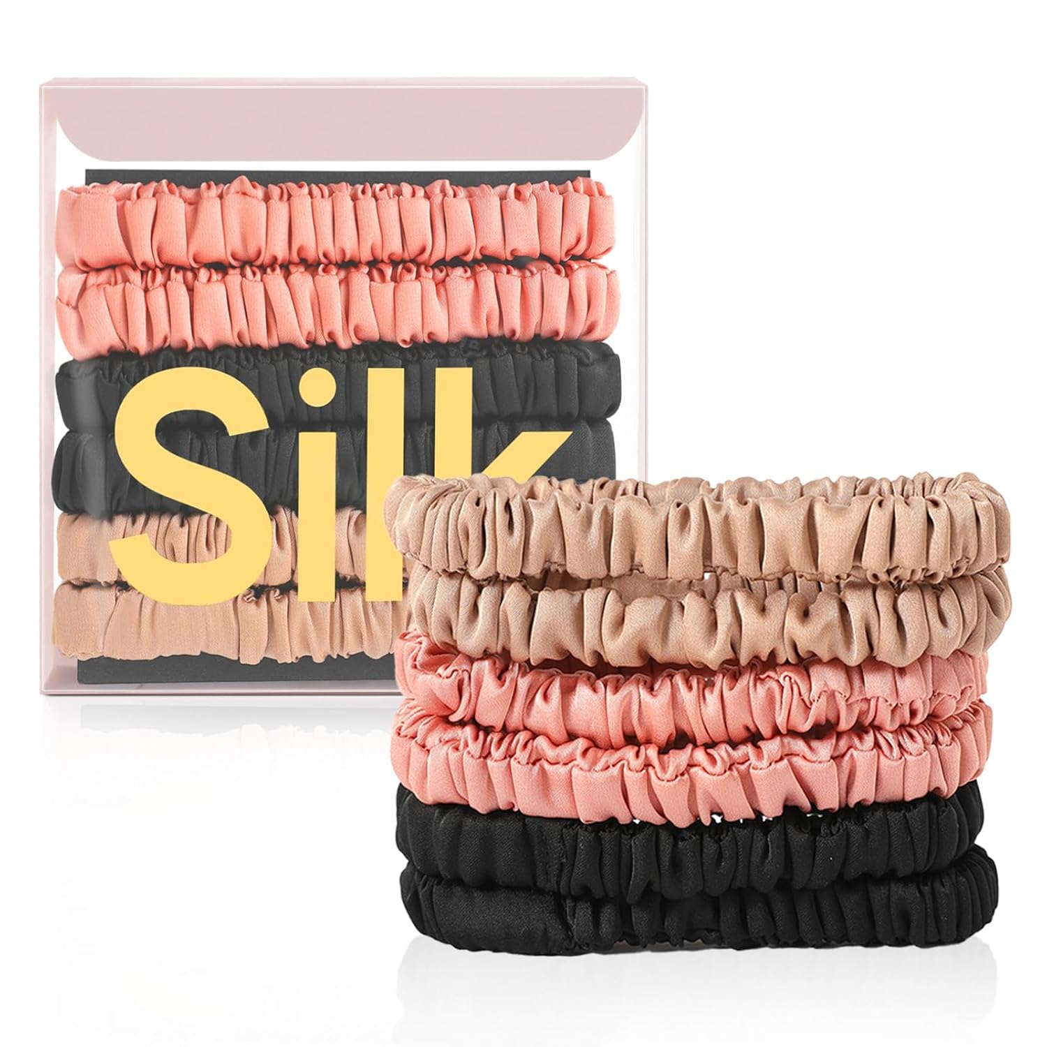 demazalo-6-piece-100-mulberry-silk-hair-scrunchies-for-all-hair-types-01 Set of six DEMAZALO silk hair scrunchies in black, coffee brown, and rose pink, neatly arranged.