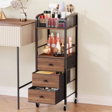 Black HapiRm rolling makeup cart organizer with wood accents, three fabric drawers, and a divided top section for cosmetics.