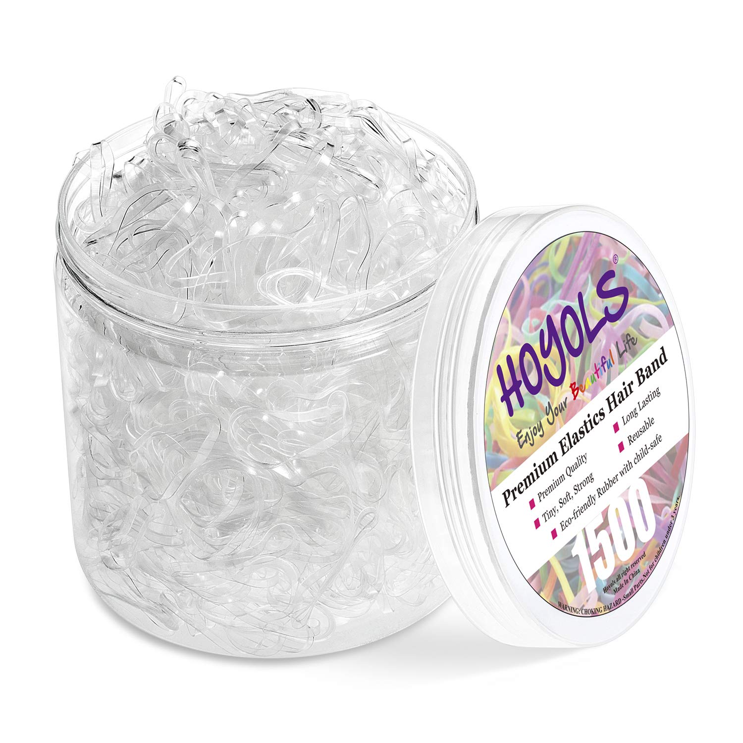 Version 1.0.0 A clear, round container filled with 1500 transparent mini elastic hair ties, suitable for various hairstyles.