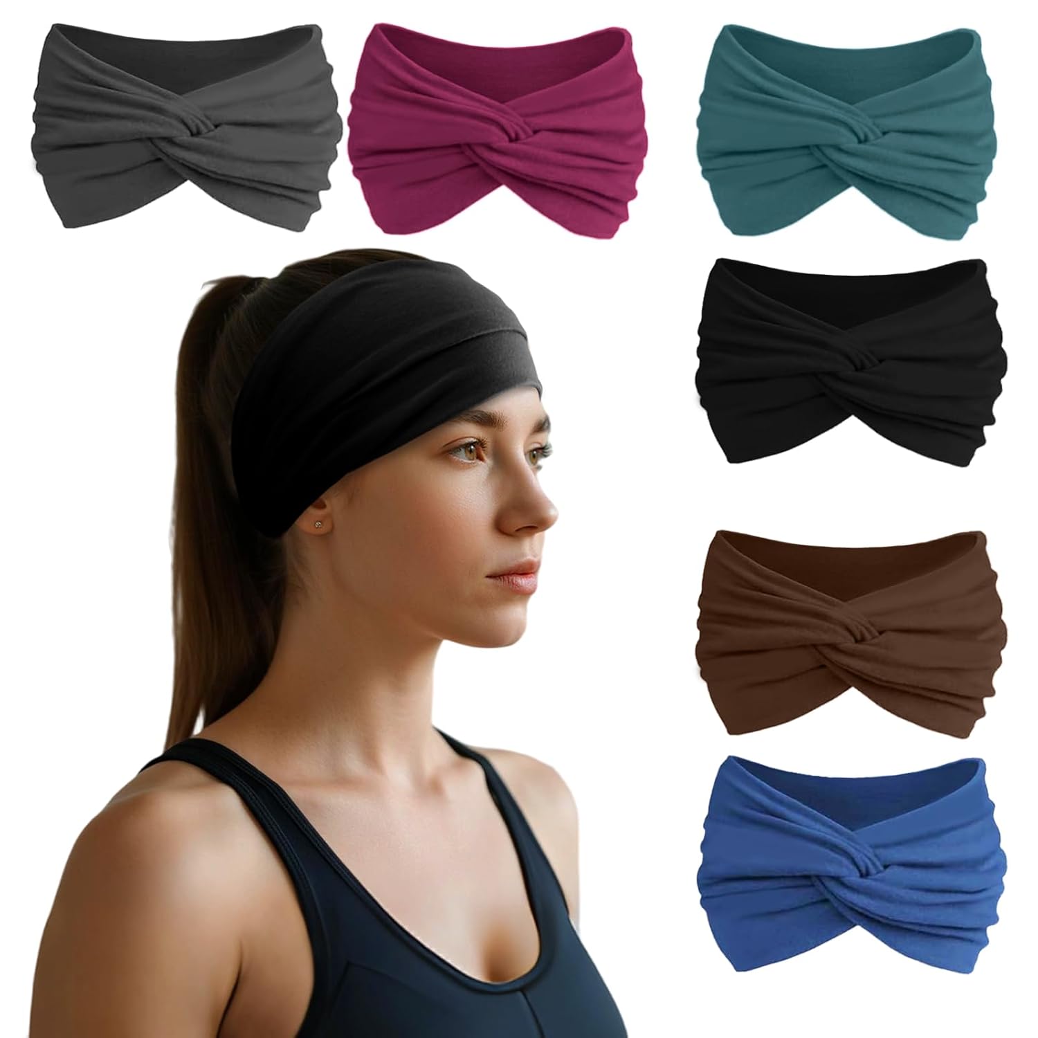 hsem-6-pack-wide-headbands-for-women-non-slip-stretchy-cotton-hair-bands-01 Set of six HSEM wide headbands in gray, burgundy, green, black, coffee, and navy, neatly stacked.