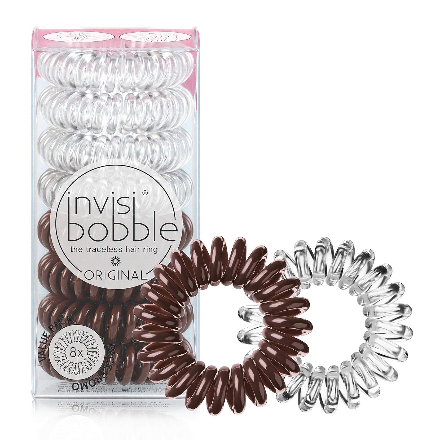invisibobble-original-traceless-spiral-hair-ties-8-pack-crystal-clear-pretzel-brown-01 An 8-pack of invisibobble Original spiral hair ties, four in crystal clear and four in pretzel brown, displayed.