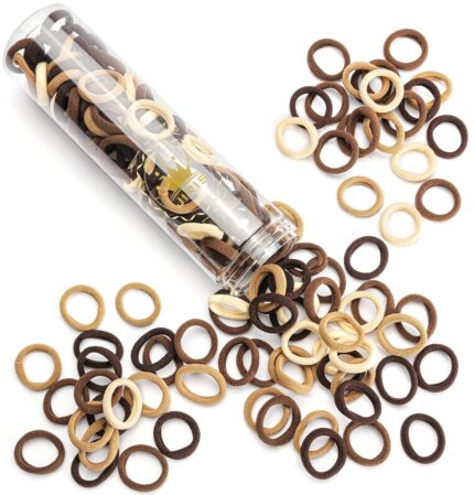 A pile of 100 brown, seamless cotton hair ties, showcasing their soft texture and elasticity.