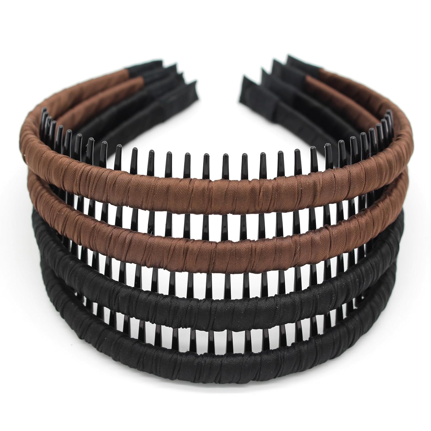 joband-multi-colored-zig-zag-headbands-for-women-4-count-pack-01 Four multi-colored zig zag headbands for women, shown in a pack, designed for non-slip hair styling.