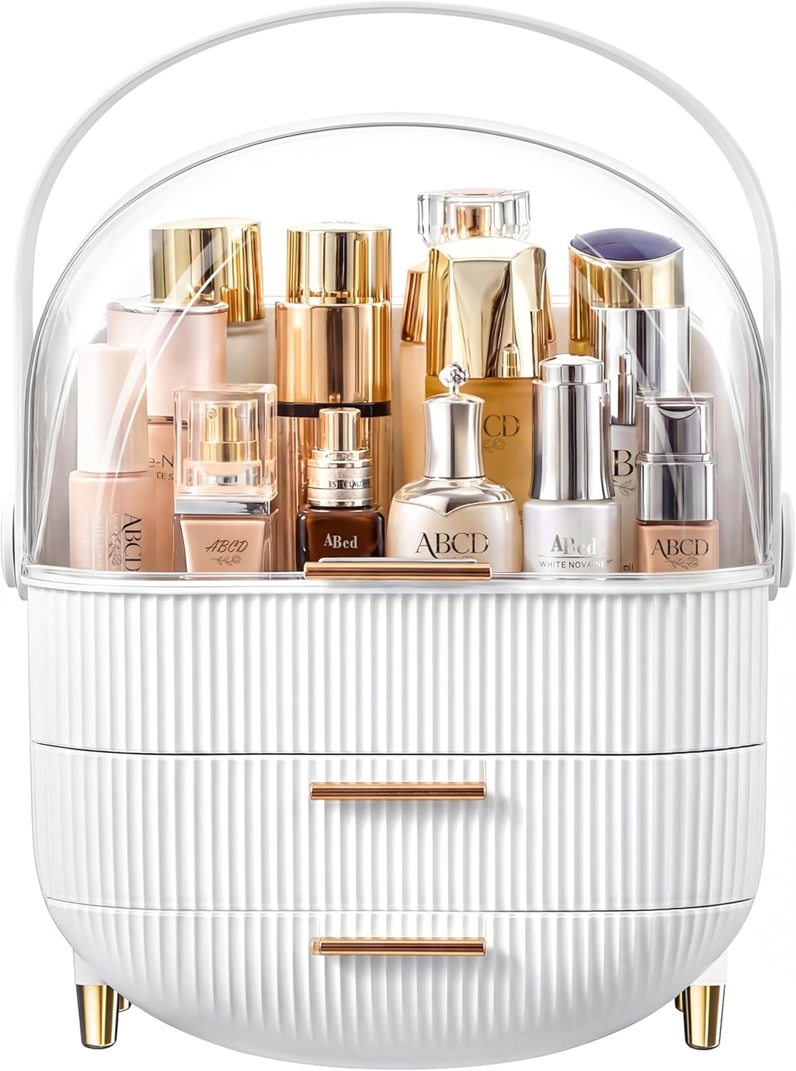 nestorganix-white-gold-makeup-organizer-with-drawers-and-clear-cover-01 A white and gold NestOrganix makeup organizer with three drawers and a clear top cover, filled with various cosmetics.