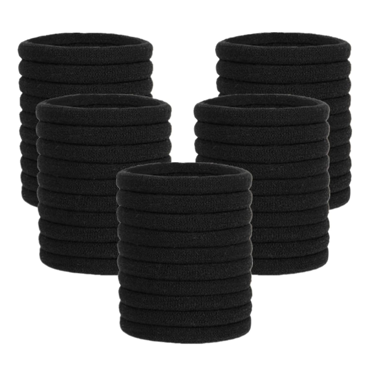 pimoys-100-pack-black-seamless-thick-elastic-hair-ties-for-all-hair-types-01 A close-up view of a pile of black, seamless, thick elastic hair ties, suitable for ponytails and various hairstyles.