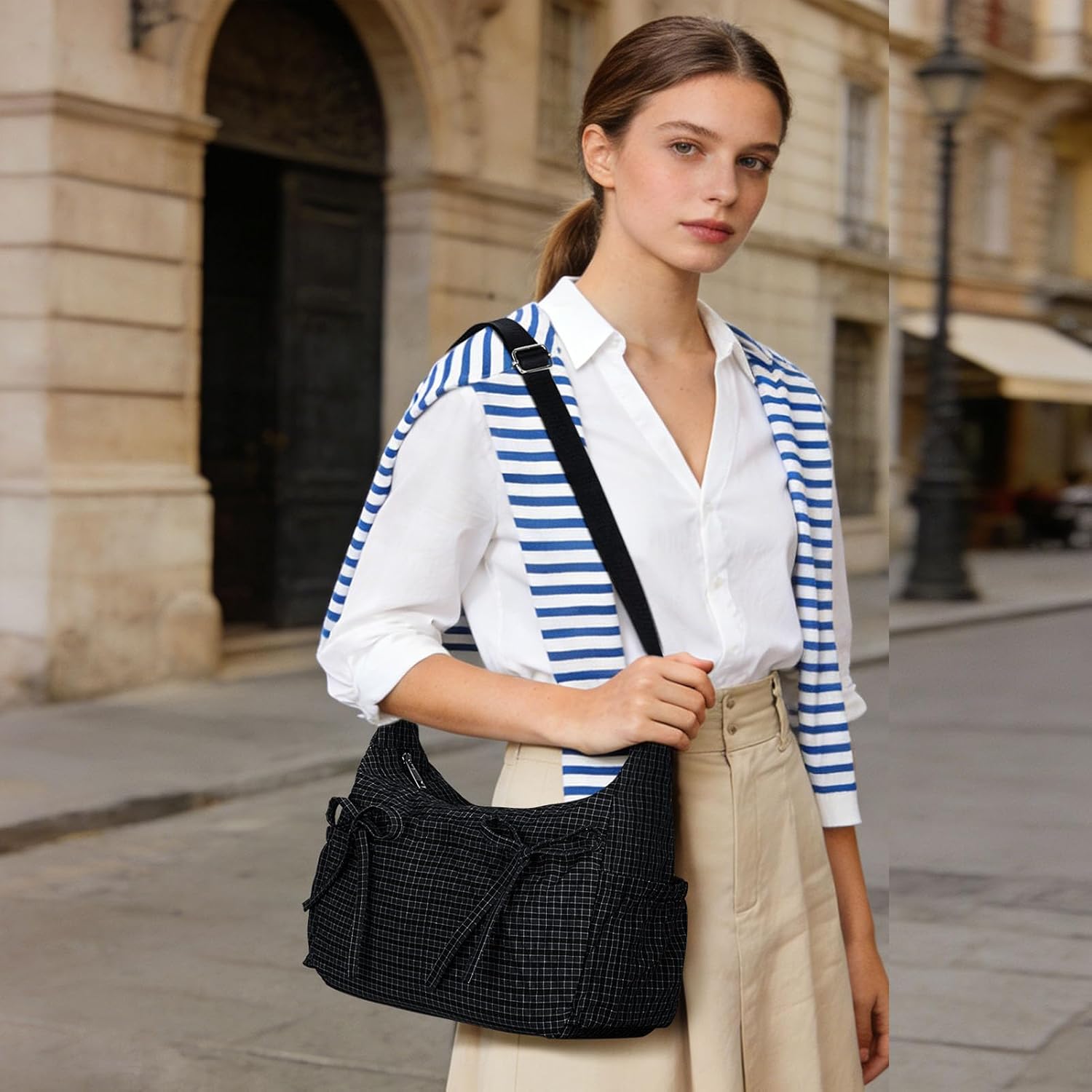 Plaid Crossbody Bag with Bow Detail and Zip Closure