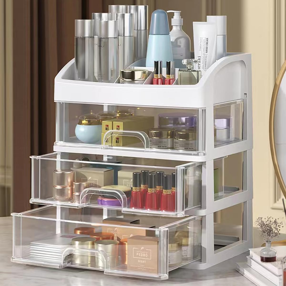 Version 1.0.0 White PTBSZCWY makeup organizer with three pull-out drawers and an open top compartment for displaying cosmetics.