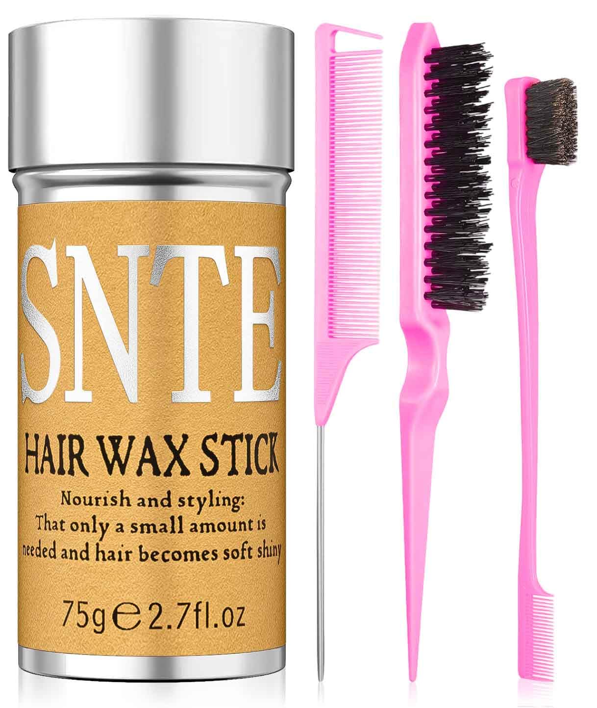 Version 1.0.0 A girlish pink Samnyte hair wax stick with a pink slick back brush, a rat tail comb, and an edge brush.