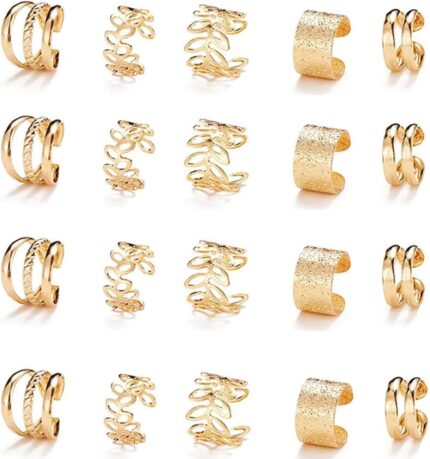 Close-up of 20 gold metal alloy hair braid clips and non-piercing ear clips in various decorative styles.