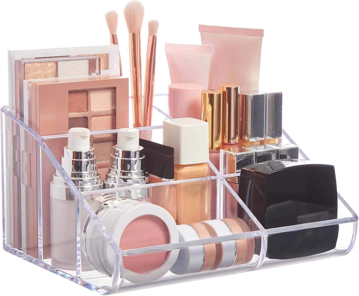 stori-clear-plastic-6-compartment-vanity-makeup-organizer-for-beauty-supplies-01 Clear plastic vanity makeup organizer with six compartments, holding various beauty brushes and cosmetic items.