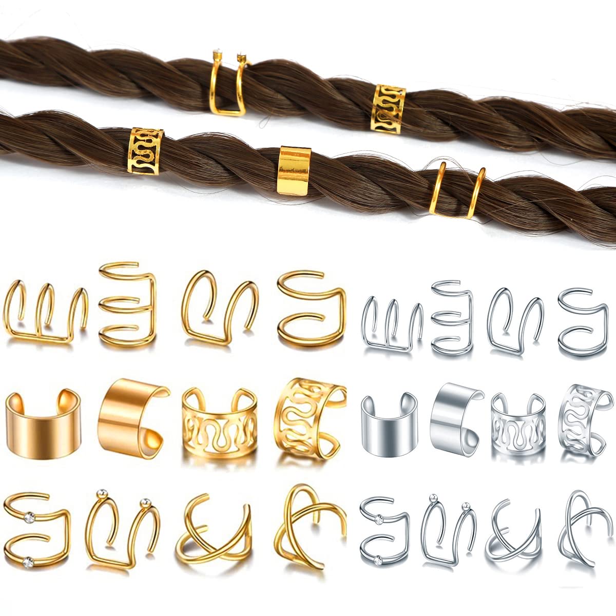Version 1.0.0 A close-up view of various gold and silver hair braid and dreadlock cuffs, showcasing different unique designs.