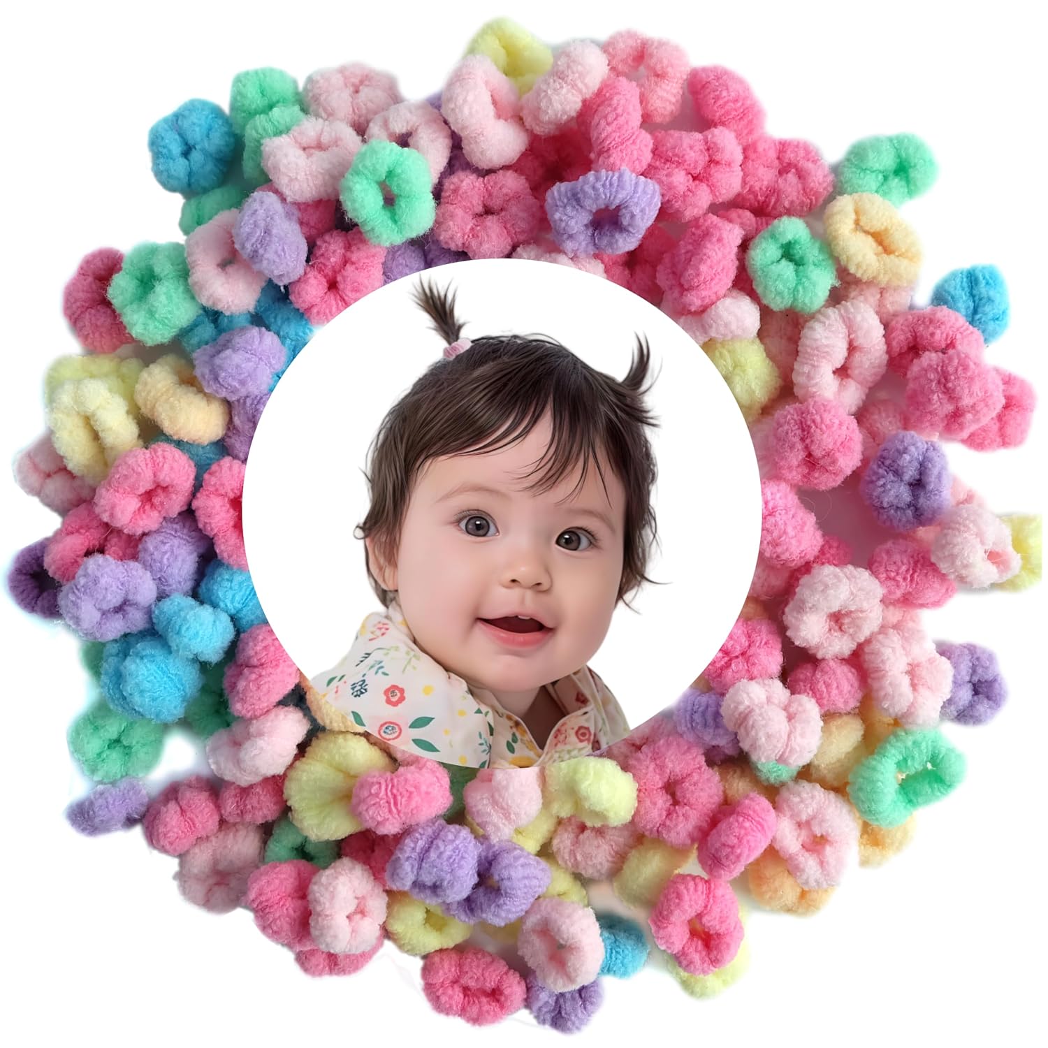 wdgrow-120-pack-baby-hair-ties-gentle-no-damage-toddler-hair-accessories-01 A pile of WDGROW mini hair ties in various bright colors, suitable for babies and toddlers.
